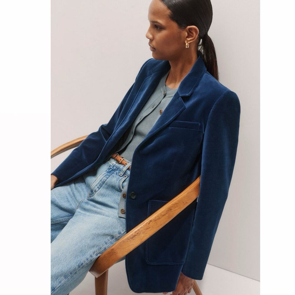 ME+EM Indigo Blue Velvet Sharp Shoulder Blazer Jacket NWT Size 10 US / 14 UK